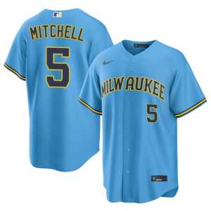 Mens Garrett Mitchell Light Blue Player MIL Brewers #5 Jerseys 928534-753 - Image 1
